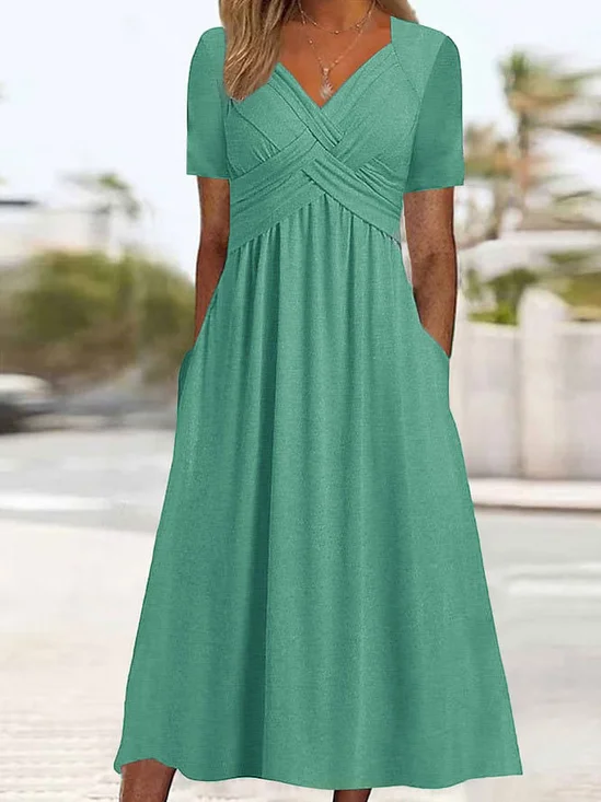 Unifarben Schatzausschnitt Regelmäßige Passform Freizeitkleid