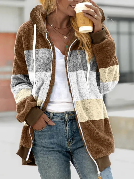Farbblock Lässig Teddy Jacke