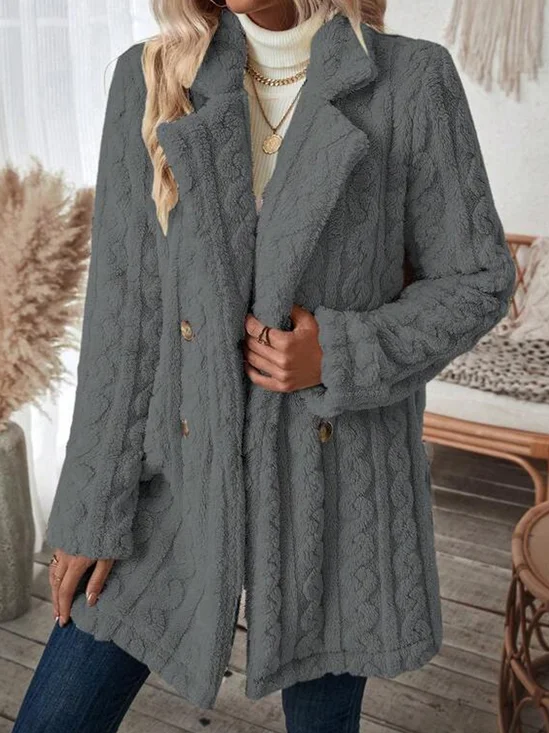 Winter Jacken Damen Lässig Unifarben Reverskragen Vlies Mantel Weit Langarm Mittellang Teddy Jacken