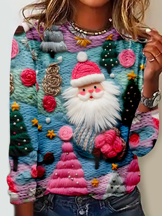 3D-Digitaldruck Pink Weihnachtsmann Muster Rundhals Regelm??ige Passform Lässig Langarm Print Bluse