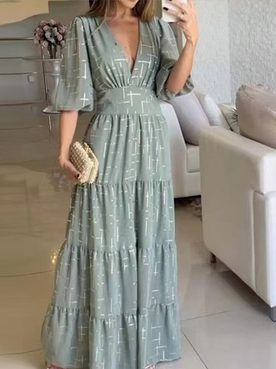 Elegant Regelmäßige Passform V-Ausschnitt Kleid