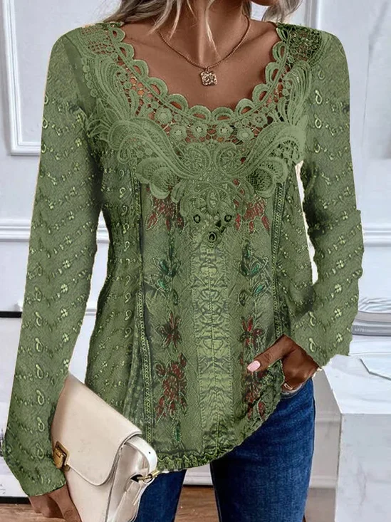 Damen Langarm Bluse Frühling/Herbst zufällig Print Spitze Jersey Rundhals Täglich Ausgehen Lässig Oberteile Grün