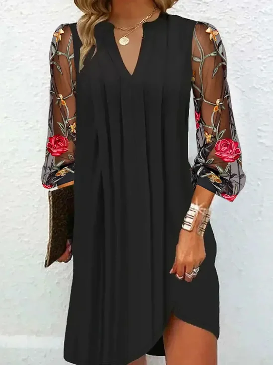 Damen Langarm Frühling/Herbst Geblümt Mesh Kleid V-Ausschnitt Täglich Ausgehen Lässig Mini H-Linie