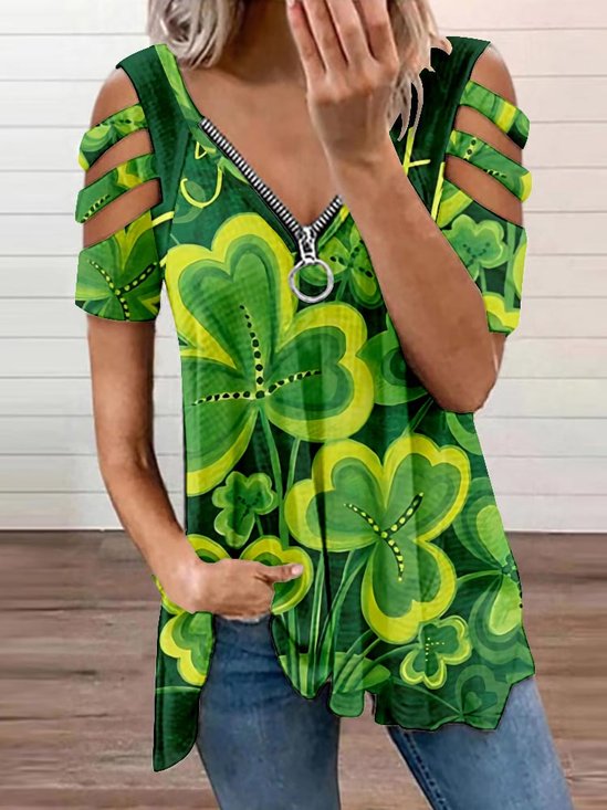 Damen Kleeblatt Kurzarm T-Shirts T-Shirt V-Ausschnitt Reißverschluss Lässig Sommer Tunika Oberteile