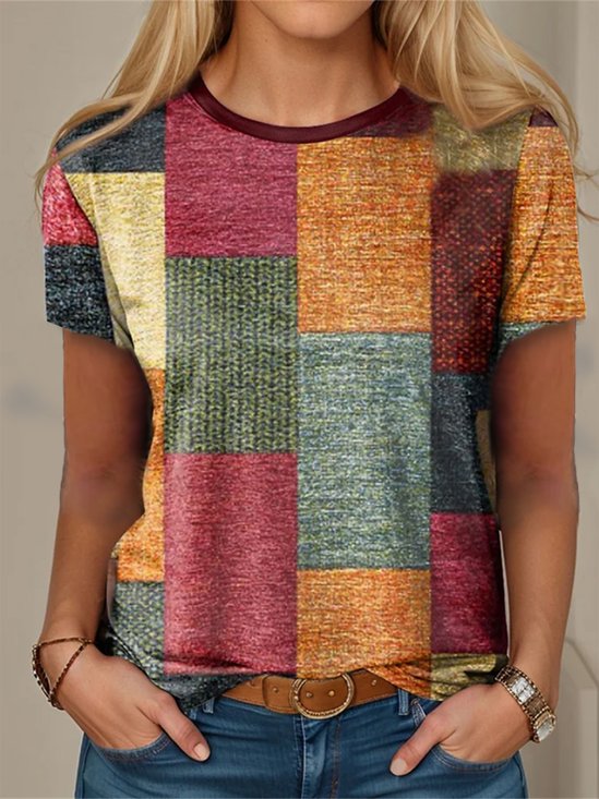 Lässig Weit Multifarben Block Rundhals T-Shirt