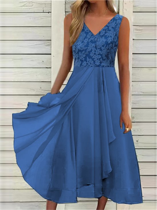 V-Ausschnitt Elegant Unifarben Spitze Kleid
