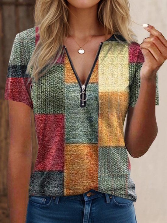 Damen T-Shirt Sommer Multifarben Block Reißverschluss Weit V-Ausschnitt  Lässig Täglich Kurzarm T-Shirt