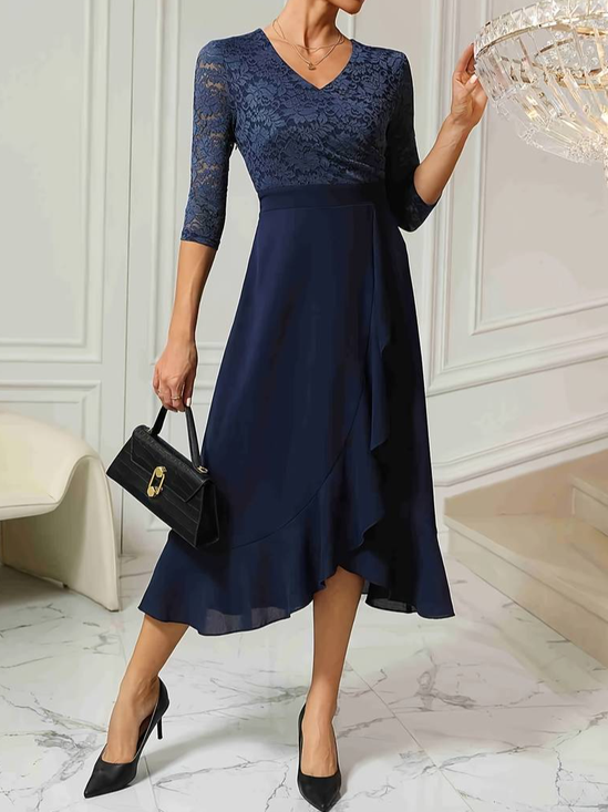 Spitze V-Ausschnitt Unifarben Elegant Kleid