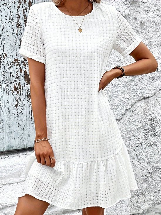 Elegant Rundhals Baumwolle Unifarben Kleid
