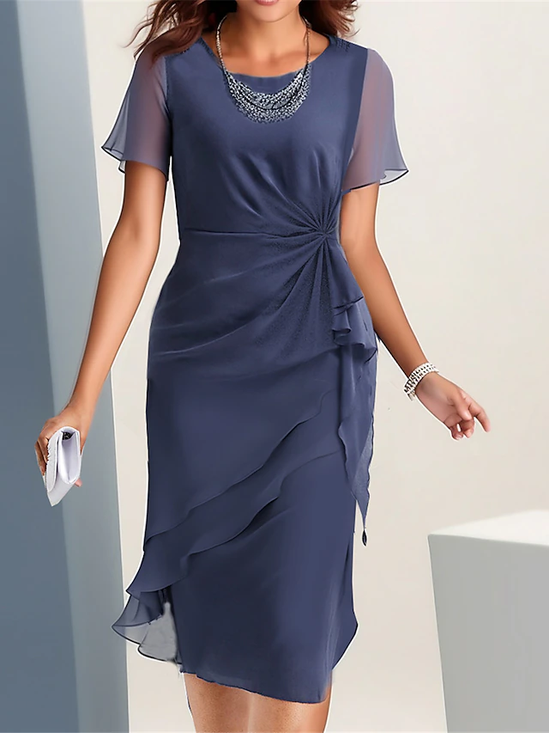 Elegant Rundhals Unifarben Chiffon Kleid