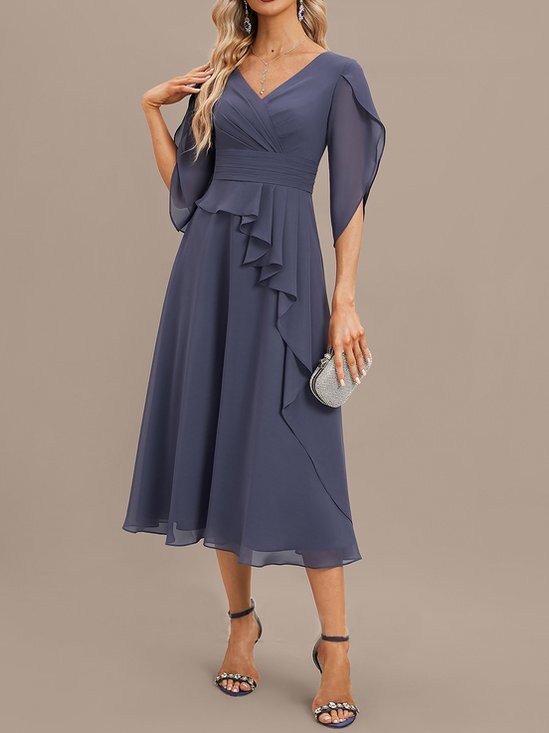 Chiffon Unifarben Elegant V-Ausschnitt Kleid
