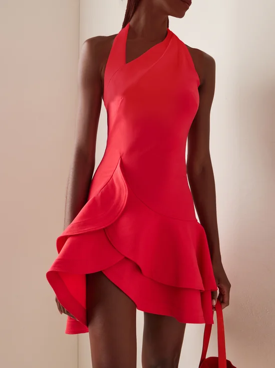 Damen Ärmellos Sommer Unifarben Gerüscht Kleid V-Ausschnitt Date Ausgehen Urban Mini A-Linien Rot
