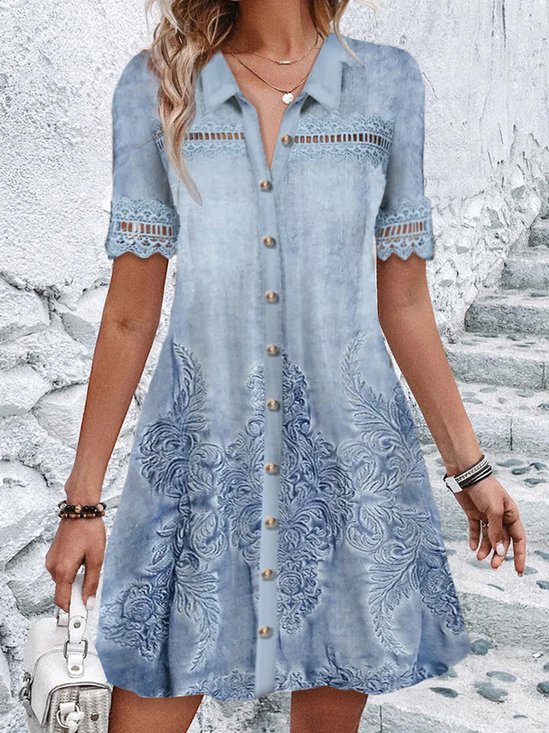 Damen Kurzarm Sommer Ethnisch Spitzenkleid Hemdkragen Täglich Ausgehen Lässig Mini H-Linie