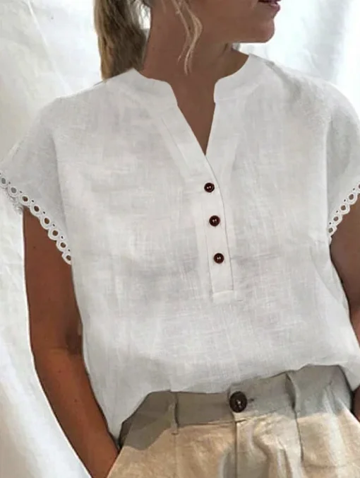Damen Kurzarm Bluse Sommer Unifarben Baumwolle V-Ausschnitt Täglich Ausgehen Einfach Oberteile Weiß