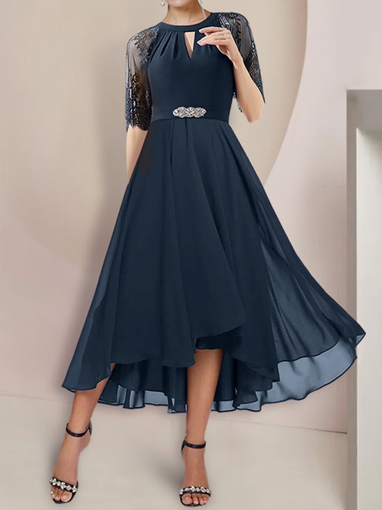 Chiffon Unifarben Elegant Spitze Kleid