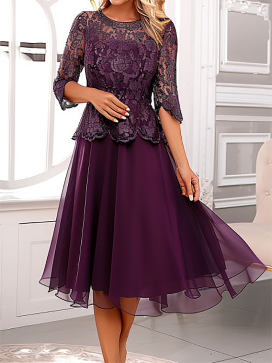 Unifarben Elegant Regelmäßige Passform Chiffon Kleid