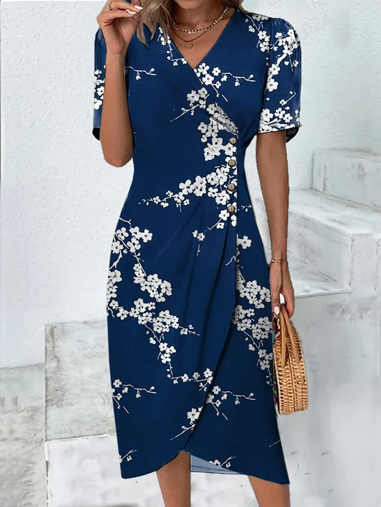 Damen Geblümt Kurzarm Sommer Schnalle Kleid Kreuzhals Täglich Urlaub Mini H-Linie Kleid