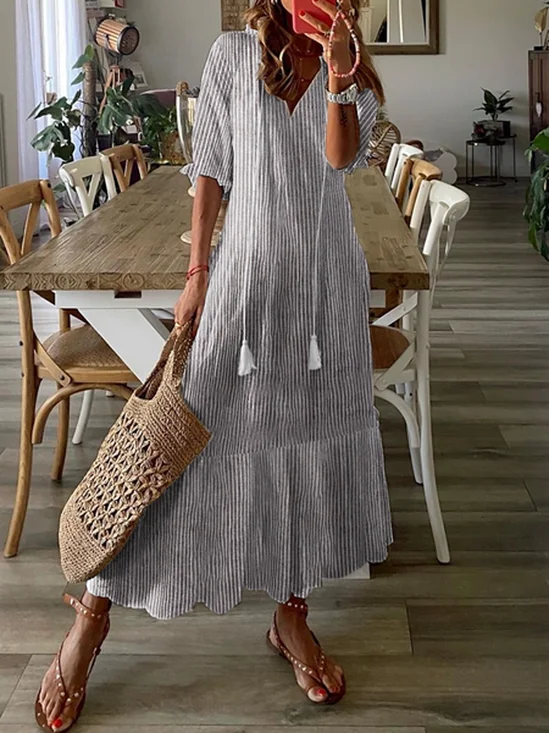 Damen Halbarm Sommer Gestreift Baumwolle Kleid V-Ausschnitt Täglich Ausgehen Lässig Maxikleid H-Linie Grau