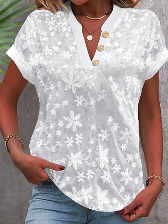 Damen Baumwolle Leinenbluse Unifarben Sommer Stickerei Geknöpft Kurzarm Shirts