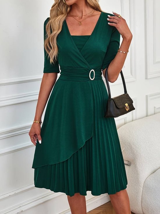 Weit V-Ausschnitt Elegant Unifarben Kleid