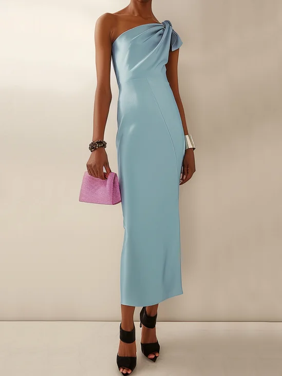 Damen Ärmellos Sommer Unifarben Knoten an der Front Kleid Carmen Date Ausgehen Urban Maxikleid H-Linie Blau
