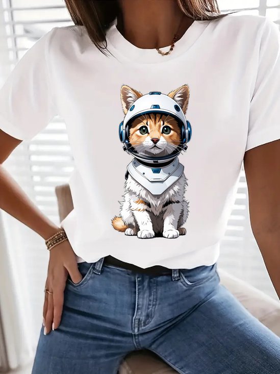 Lässig Katze Rundhals Weit T-Shirt