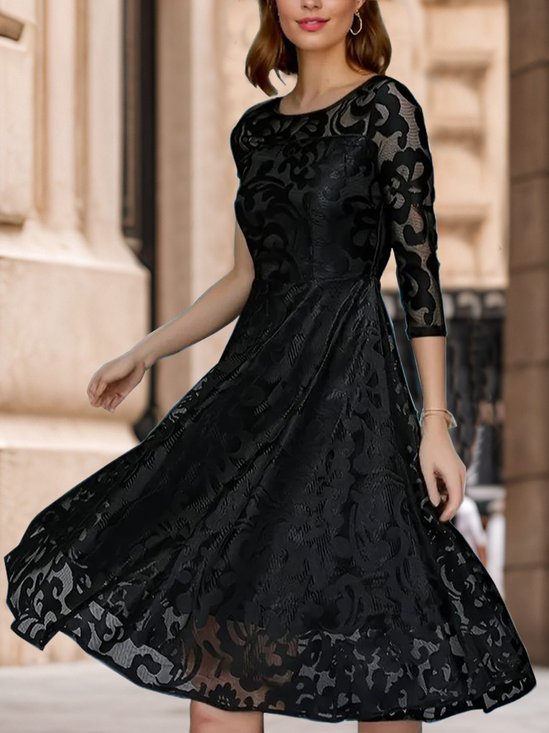 Regelmäßige Passform Elegant Rundhals Spitze Kleid