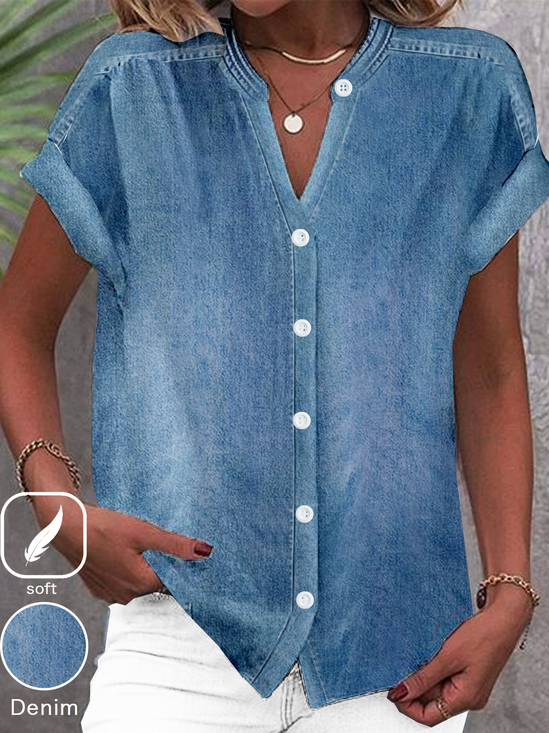 Denim Waschvorgang Stehkragen Lässig Denim Bluse