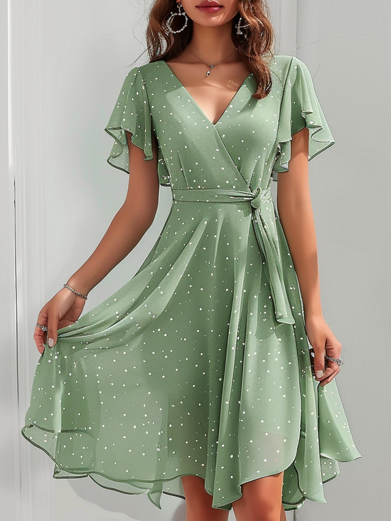 Elegant Chiffon V-Ausschnitt Kleid mit Gürtel