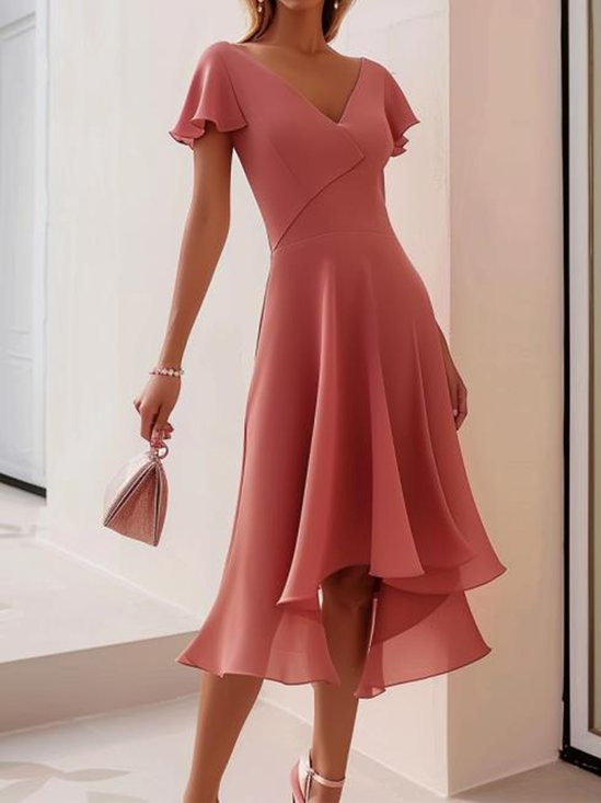 Rüschenärmel V-Ausschnitt Elegant Kleid
