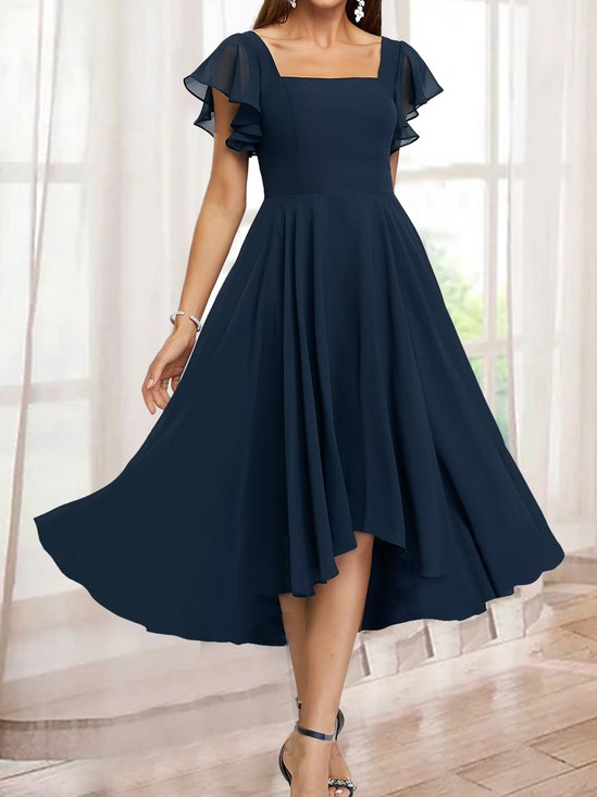 Rüschenärmel Unifarben Elegant Chiffon Regelmäßige Passform Kleid