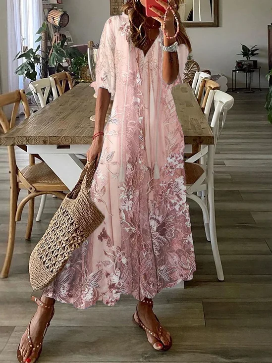 Damen Halbarm Sommer Geblümt Mesh Kleid V-Ausschnitt Täglich Ausgehen Lässig Maxikleid H-Linie Pink
