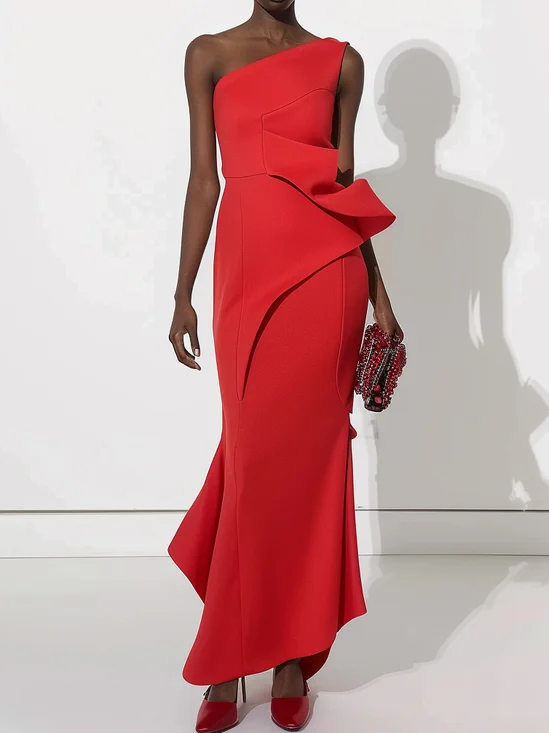 Damen Ärmellos Sommer Unifarben Gerüscht Kleid Carmen Cocktail Ausgehen Urban Maxikleid A-Linien Rot