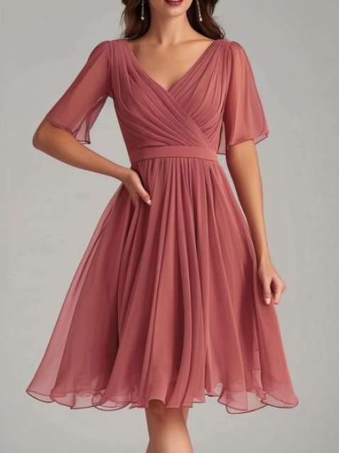 Elegant Chiffon V-Ausschnitt Kleid mit Nein