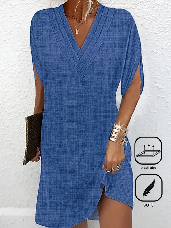 Damen Unifarben Flügelärmel Sommer Kleid V-Ausschnitt Täglich Lässig Mini H-Linie Kleid