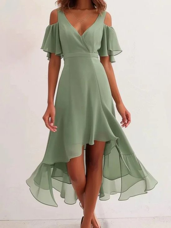 Unifarben Elegant Chiffon V-Ausschnitt Kleid mit Nein