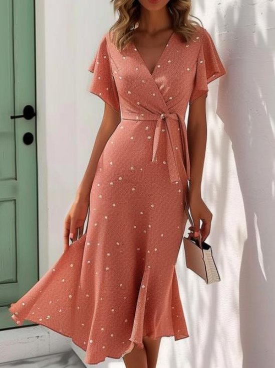 Elegant Weit Polka Dots V-Ausschnitt Kleid mit Gürtel