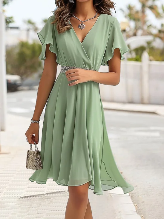 Elegant Unifarben V-Ausschnitt Kleid