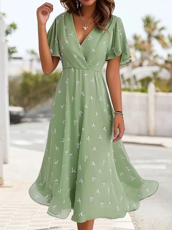Elegant Geblümt Rüschenärmel Chiffon V-Ausschnitt Kleid
