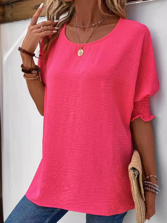 Damen Unifarben Kurzarm Bluse Sommer Rundhals Täglich Lässig Oberteile