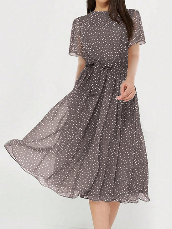 Schärpe Elegant Polka Dots Rundhals Kleid mit Gürtel