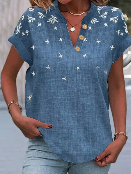 Damen Baumwolle Leinenbluse Stickerei Geblümt Sommer V-Ausschnitt Lässig Shirts