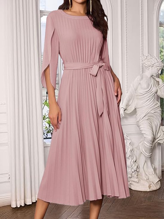 Unifarben Rundhals Elegant Regelmäßige Passform Kleid mit Gürtel