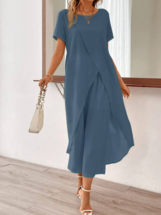 Zweiteiler Damen Elegant Sommer Lässig Unifarben Weit Zweiteiliges Set