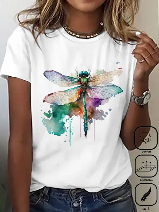 Damen Kurzarm T-Shirts T-Shirt Sommer Libelle Rundhals Täglich Ausgehen Lässig Oberteile Weiß