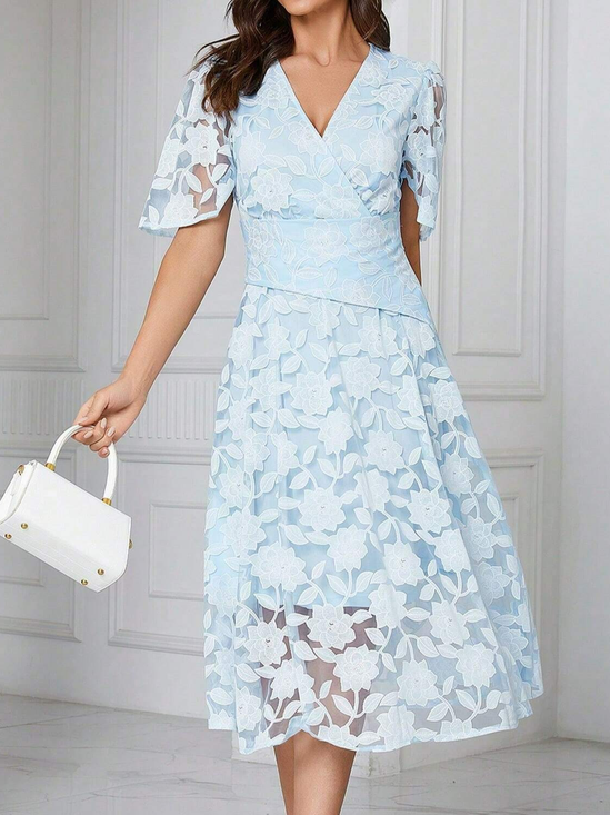 Baumwollmischung V-Ausschnitt Elegant Geblümt Kleid