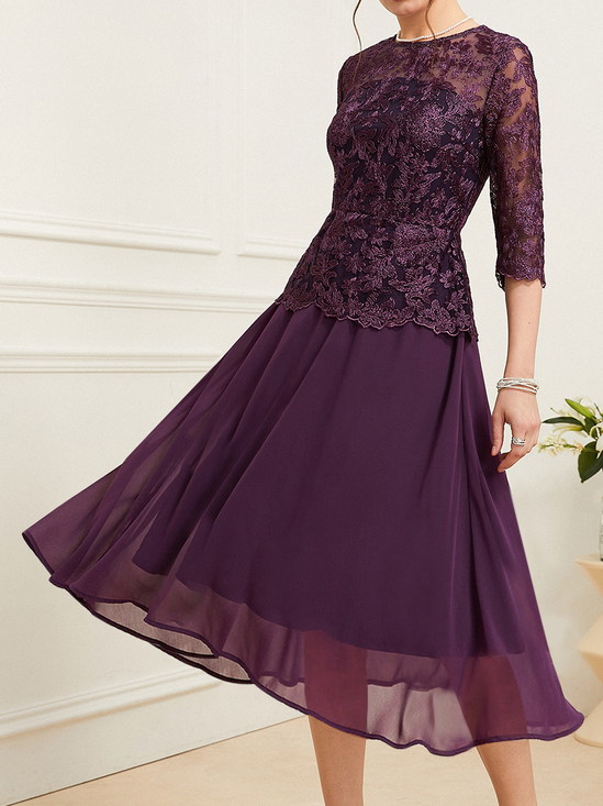 Unifarben Elegant Regelmäßige Passform Chiffon Kleid