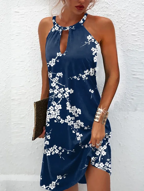 Damen Geblümt Ärmellos Sommer Kleid Neckholder Täglich Lässig Mini Tanktop H-Linie Kleid