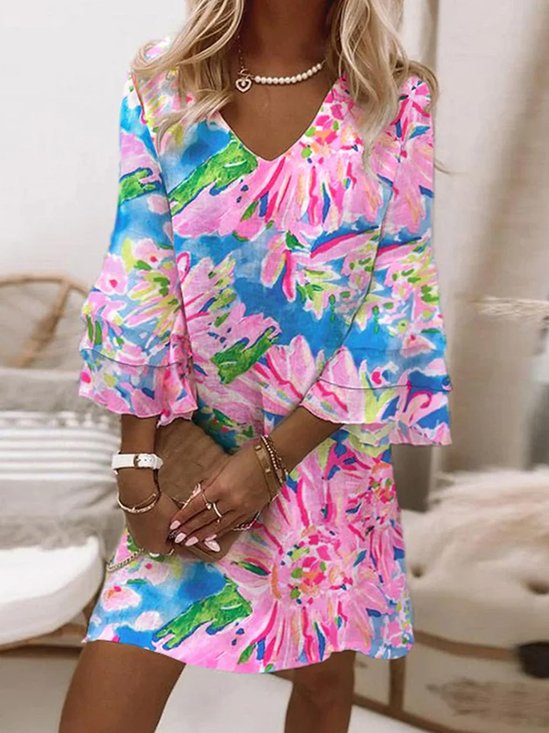 Damen Dreiviertelärmel Frühling/Herbst Geblümt Kleid V-Ausschnitt Täglich Ausgehen Lässig Mini A-Linien
