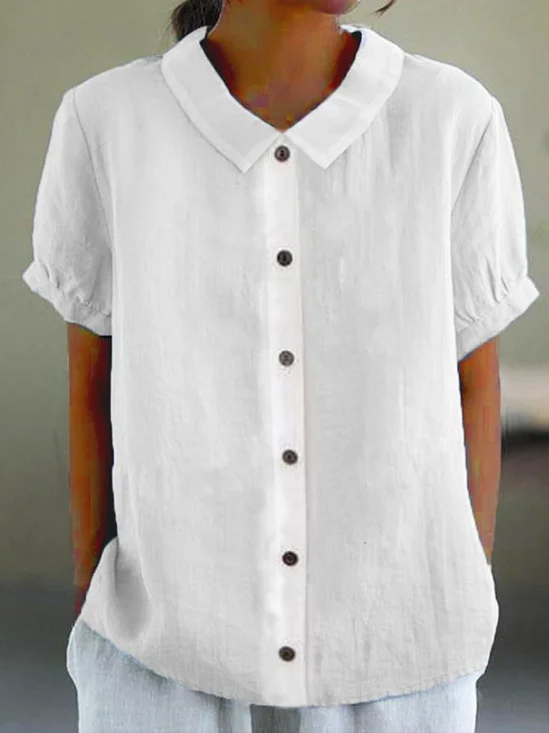 Damen Kurzarm Bluse Sommer Unifarben Baumwolle Schalkragen Täglich Ausgehen Leinen Oberteile Weiß